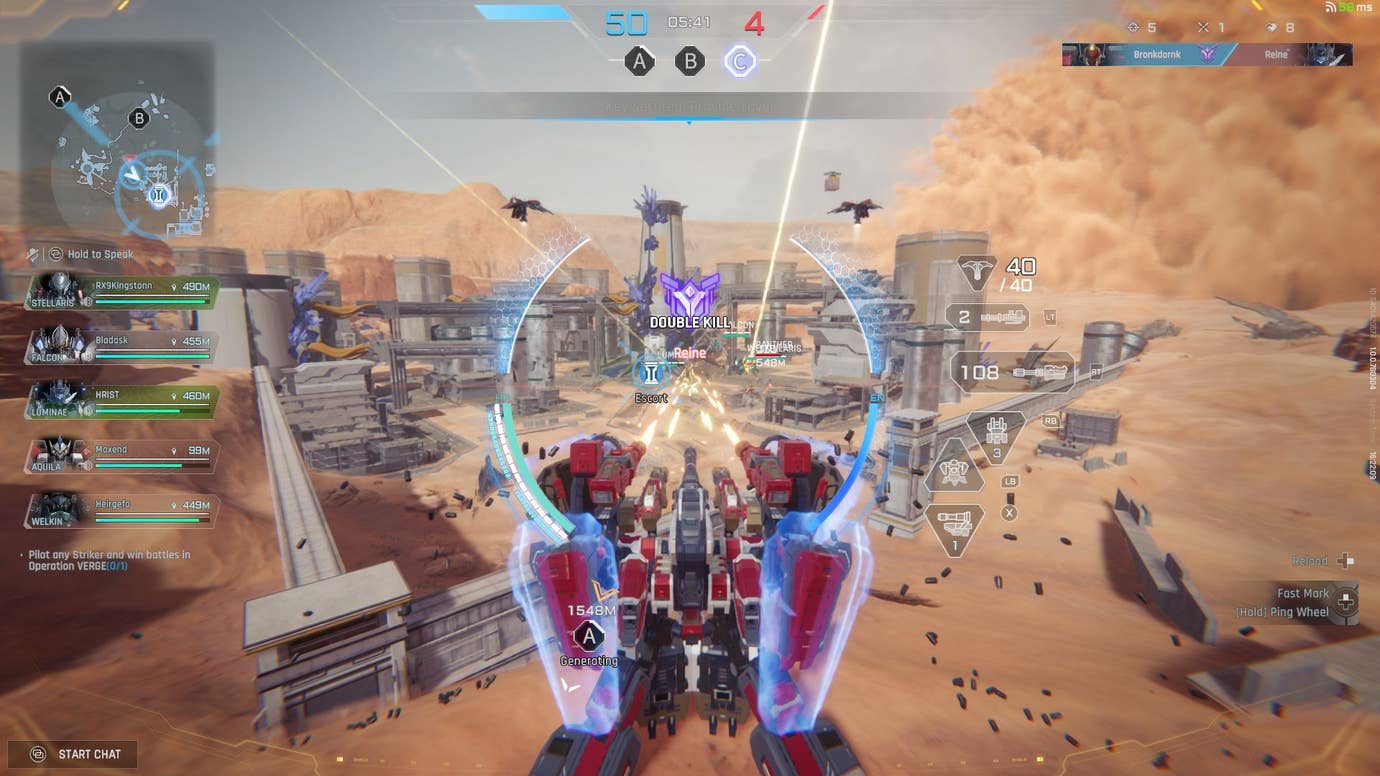 The player activates their shields and fires machine guns, earning a double kill.